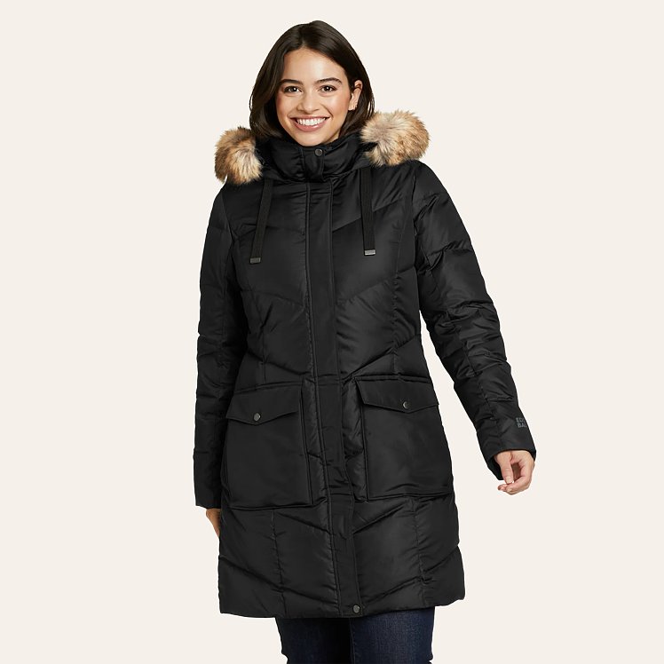 NWT Eddie 2024 Bauer 20x Womens Lodge Down Parka Duffle Coat Hooded Black TM