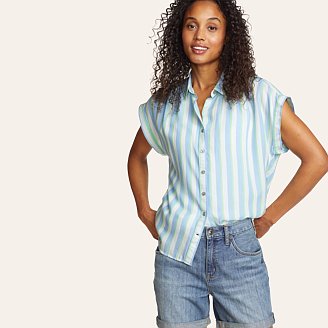 Womens Tranquil Short-Sleeve Shirred Shirt - Pattern