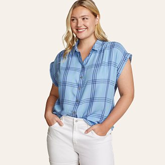 Womens Tranquil Short-Sleeve Shirred Shirt - Pattern