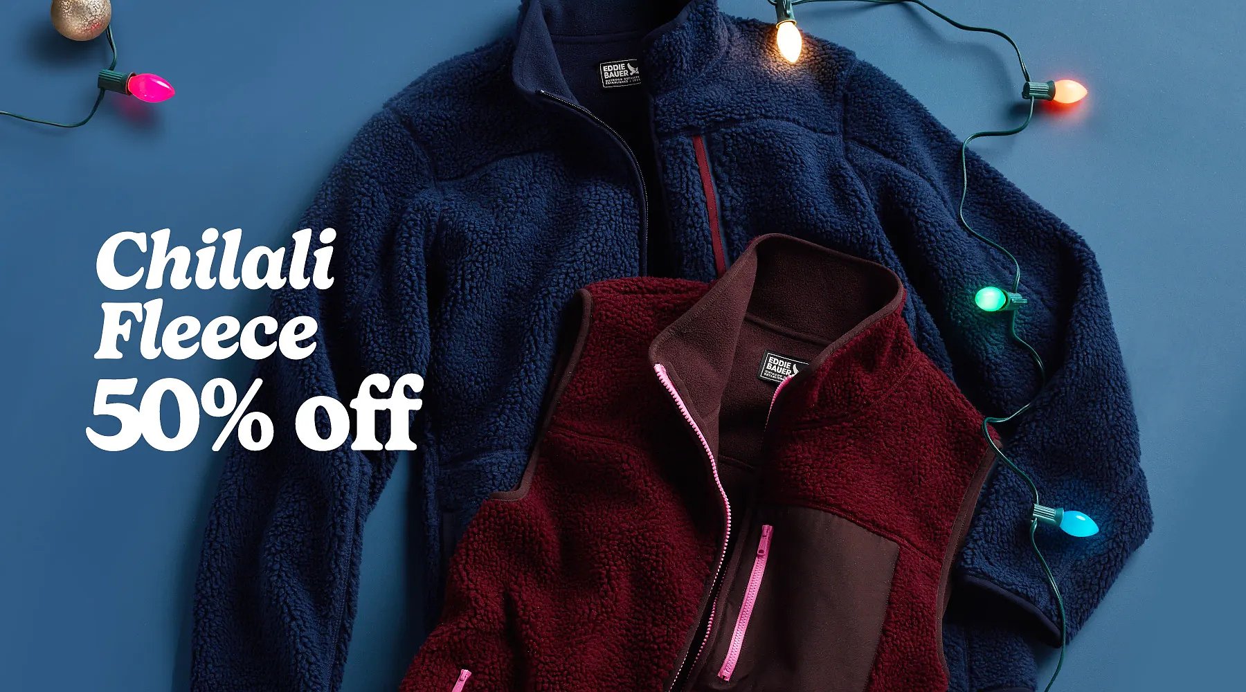 Chilali Fleece 50% off. A Chilali fleece jacket and vest in different colors.