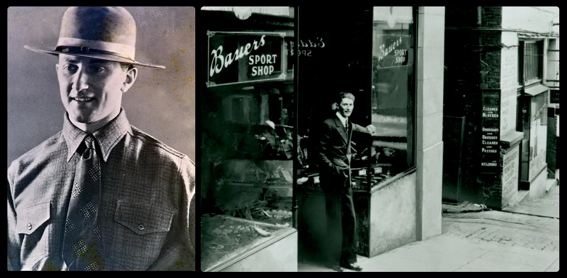 Black and white image of Eddie Bauer as a young man, wearing a hat, a plaid shirt & a tie.